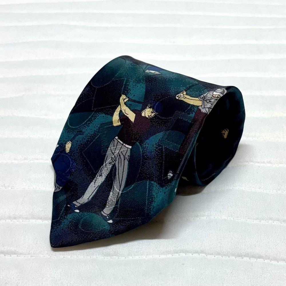 American Sports Golf Golfer Theme Men's Necktie Tie Blue Green Made in USA Golf